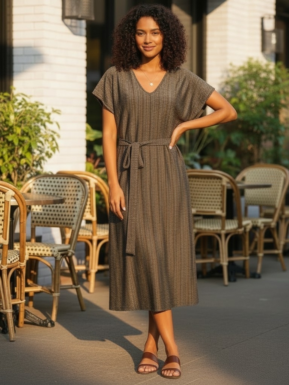 NWT Zara Metallic Stripe Knit Midi Dress Belted Short Sleeve V-Neck Size Large